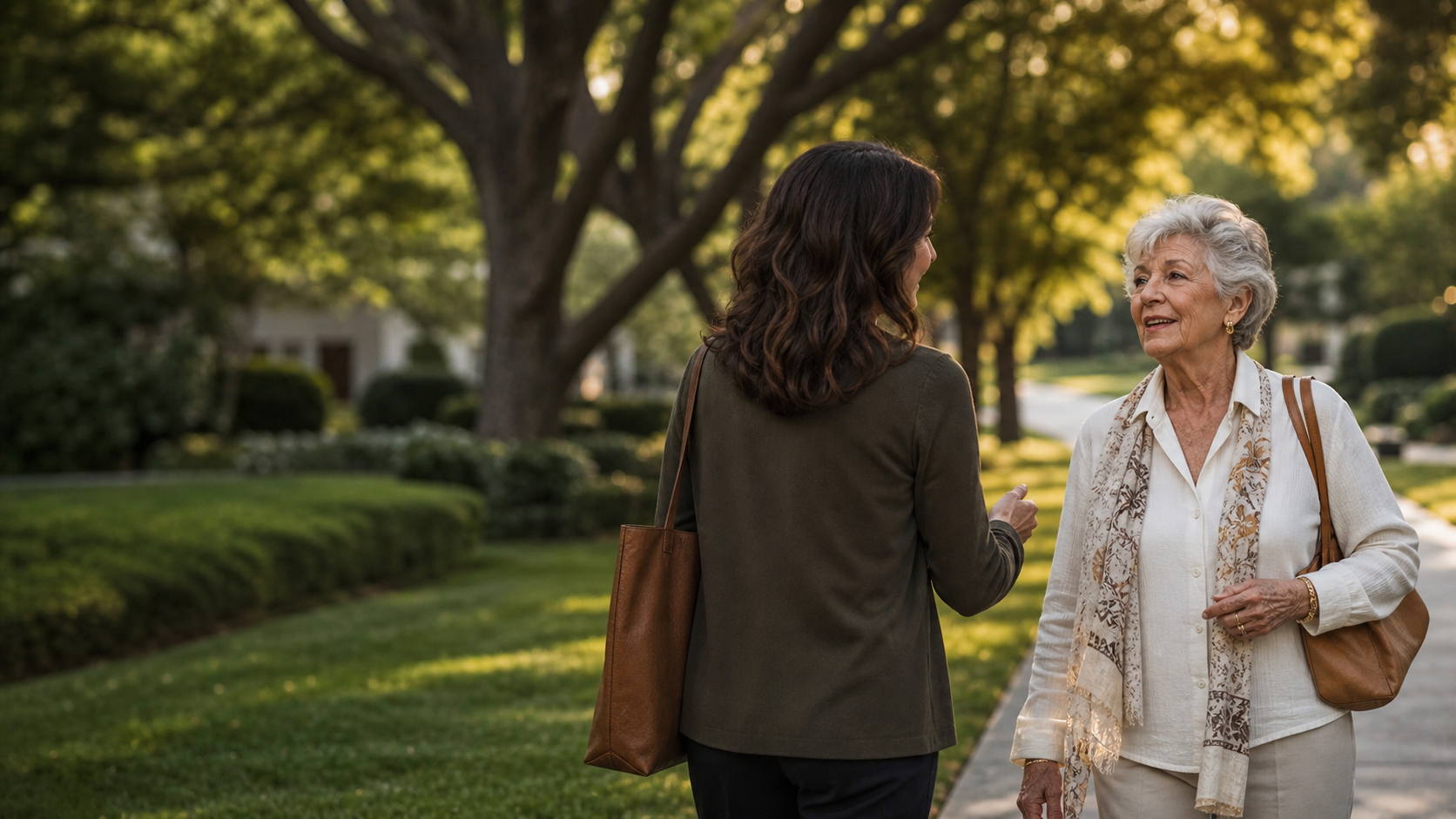 An older woman and her companion talking during a neighborhood walk
